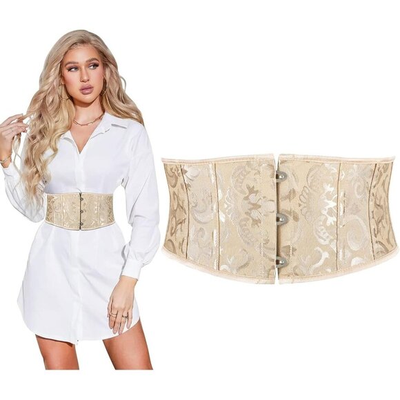 Women\'s Jacquard Corset Belt Lace Up Bustier Waspie Belt Renaissance White Beige